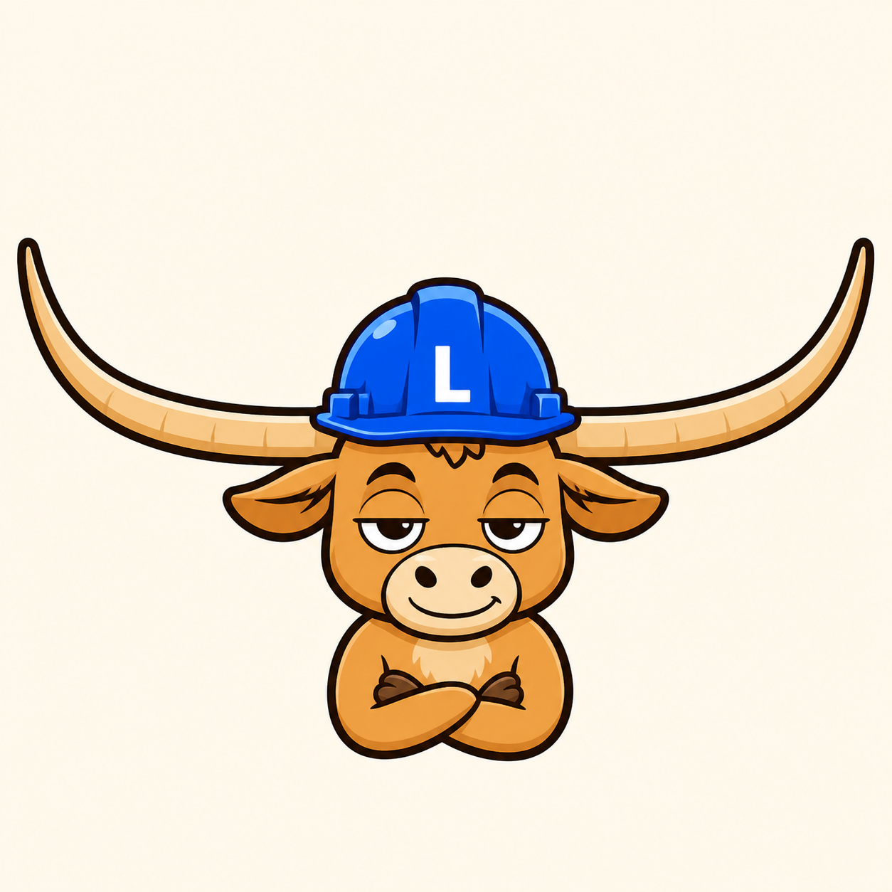 Lenny the Longhorn wearing a blue hard hat